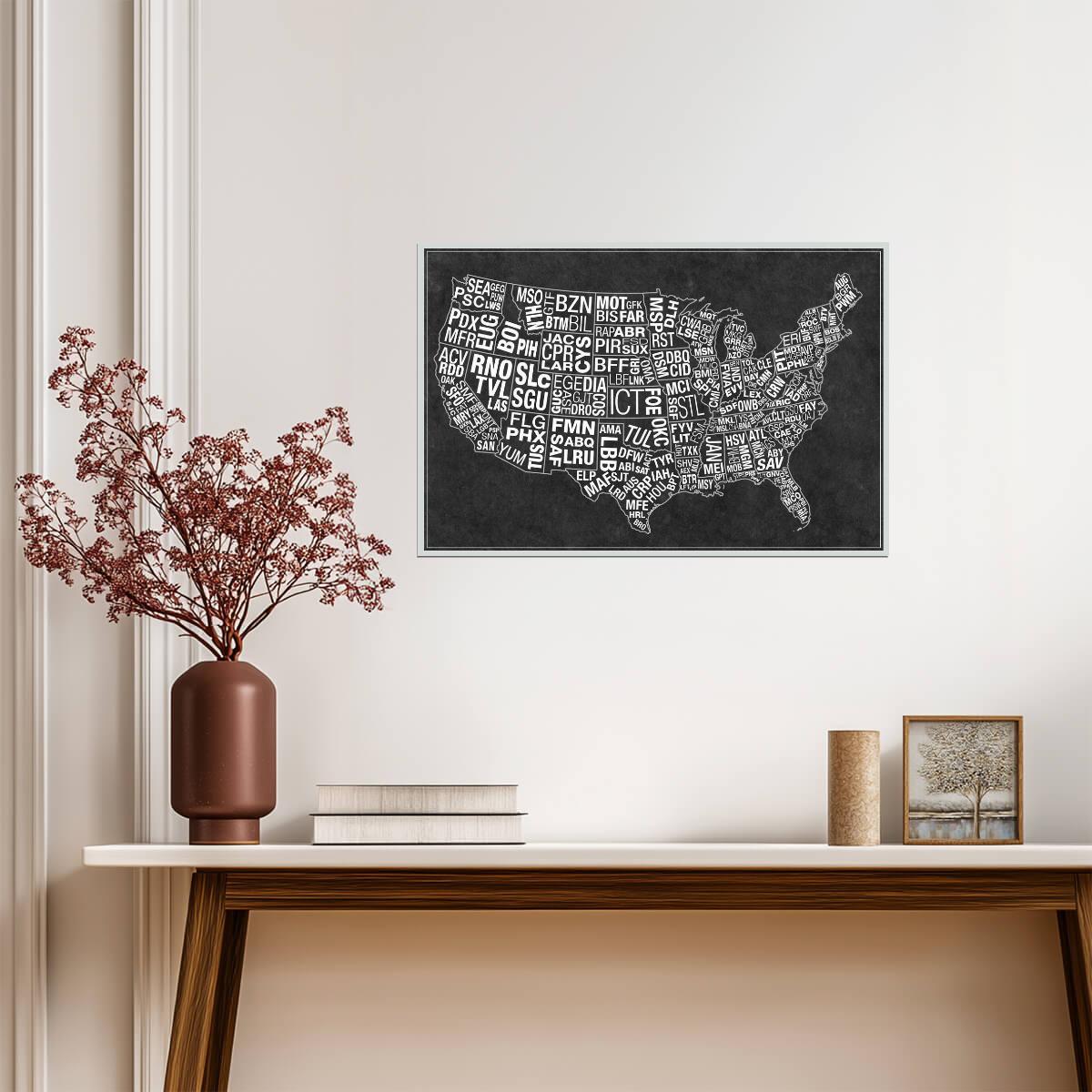 USA Airport Codes Map | Black and White Typography Art | Aviation Travel Poster - Maps Poster