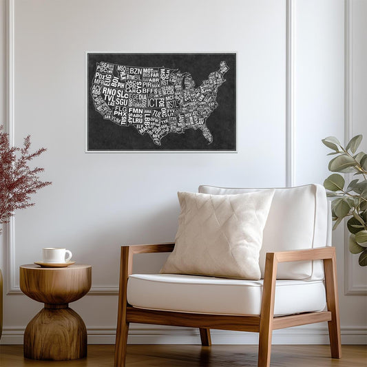 USA Airport Codes Map | Black and White Typography Art | Aviation Travel Poster - Maps Poster