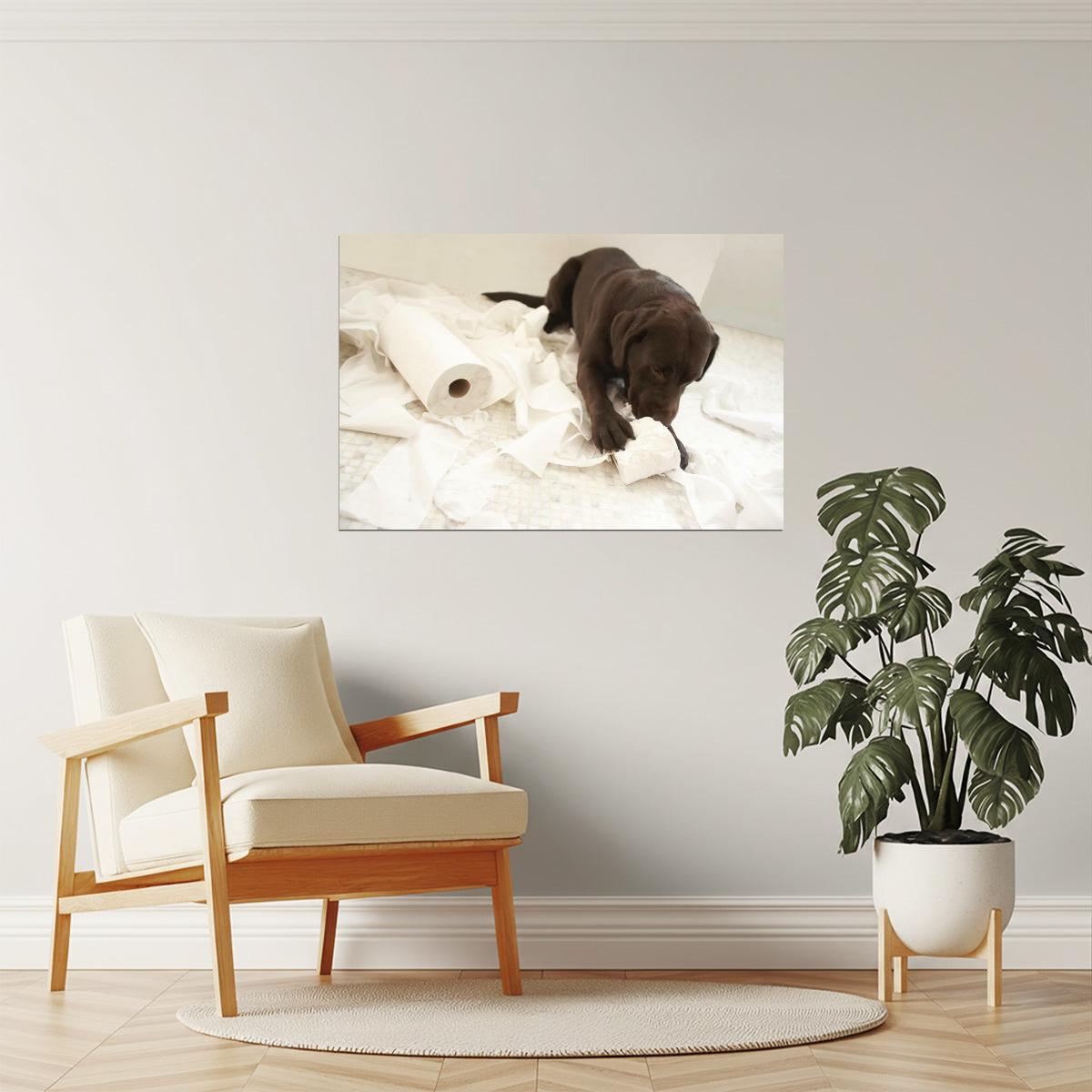 Funny Dog Making a Mess Poster | Bathroom Humor | Puppy Wall Art