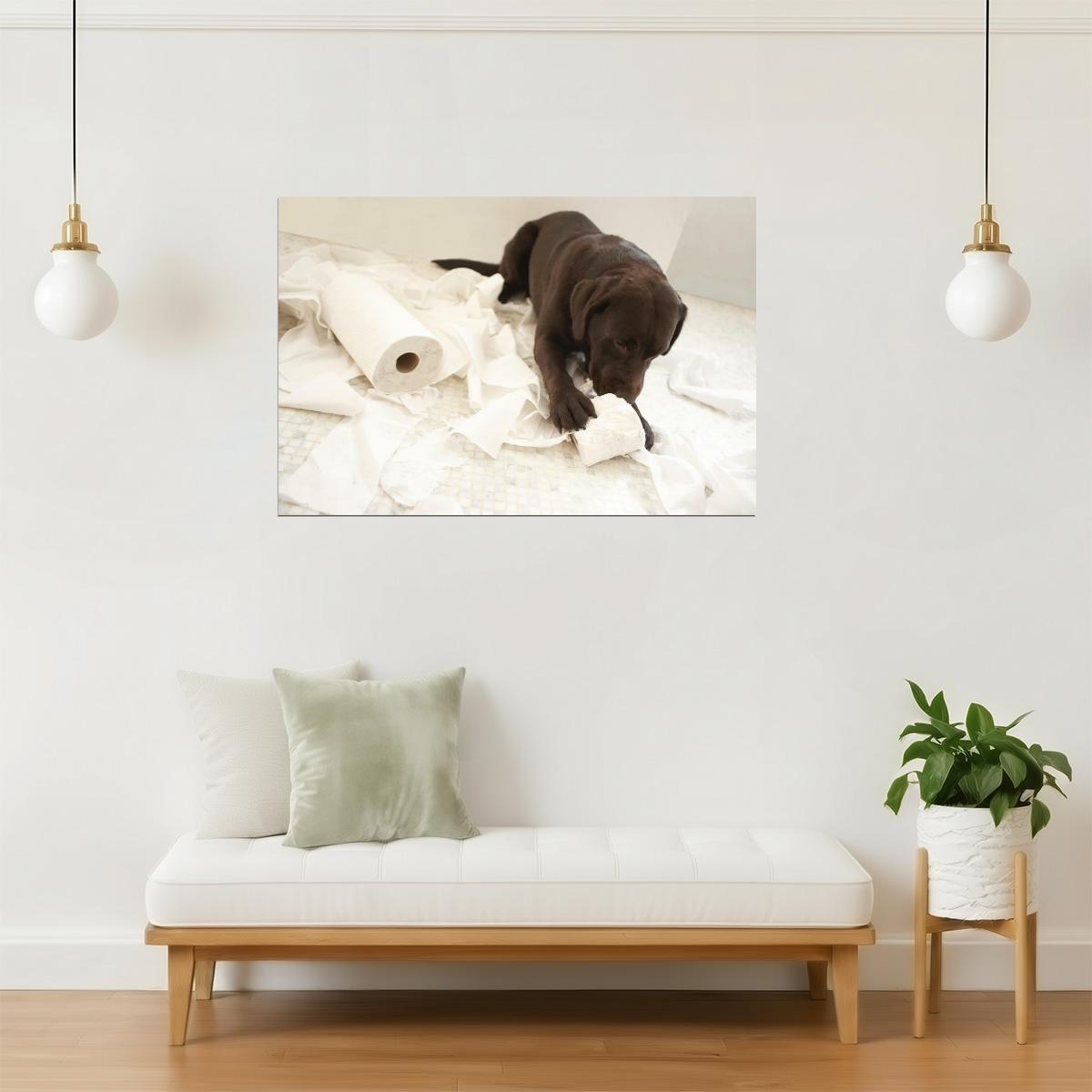 Funny Dog Making a Mess Poster | Bathroom Humor | Puppy Wall Art