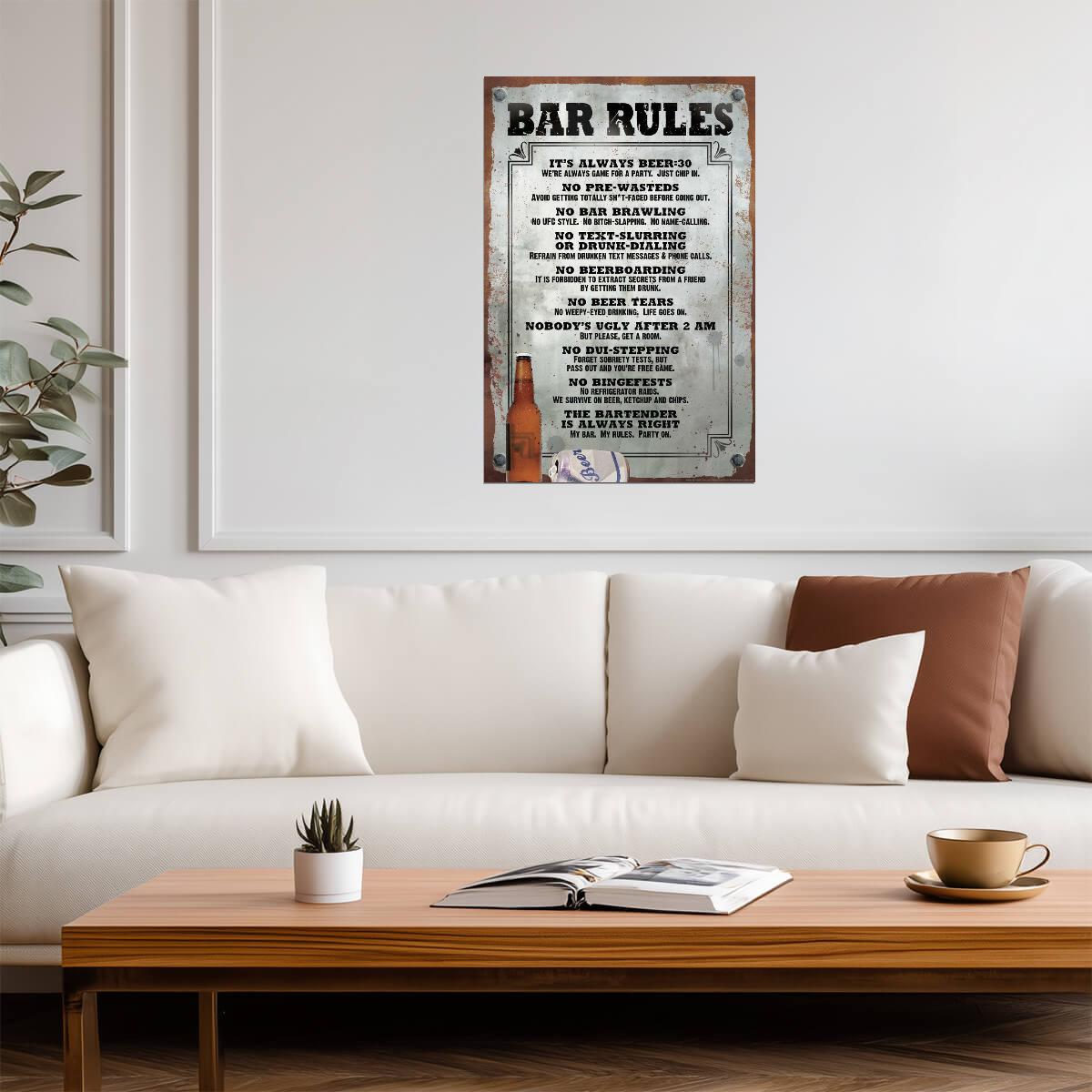 Vintage Style Bar Rules | Funny Drinking Sign | Retro Pub & Man Cave Poster - Type & Quotes Poster
