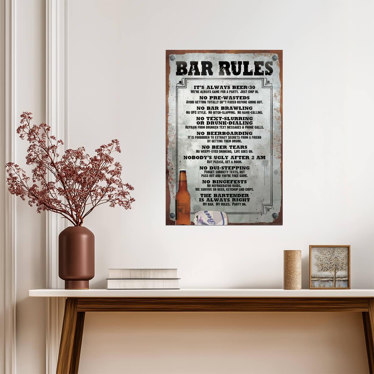 Vintage Style Bar Rules | Funny Drinking Sign | Retro Pub & Man Cave Poster - Type & Quotes Poster