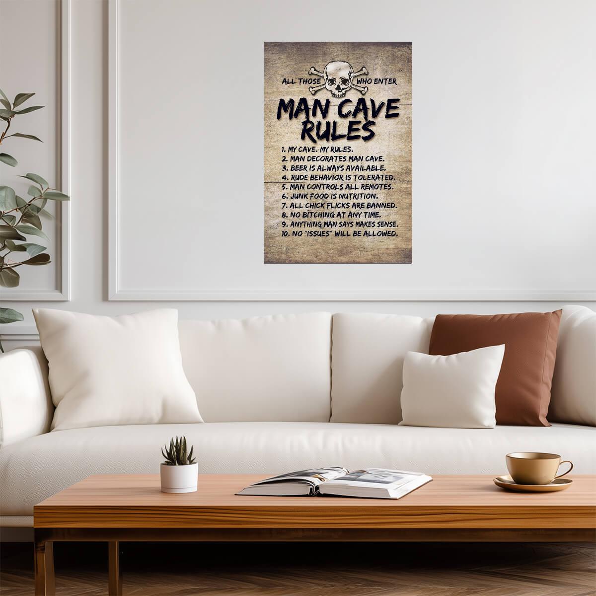 Man Cave Rules Sign | Funny Skull & Crossbones Poster | Rustic Wood Style Wall Art - Type & Quotes Poster
