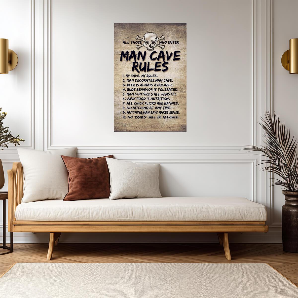 Man Cave Rules Sign | Funny Skull & Crossbones Poster | Rustic Wood Style Wall Art - Type & Quotes Poster