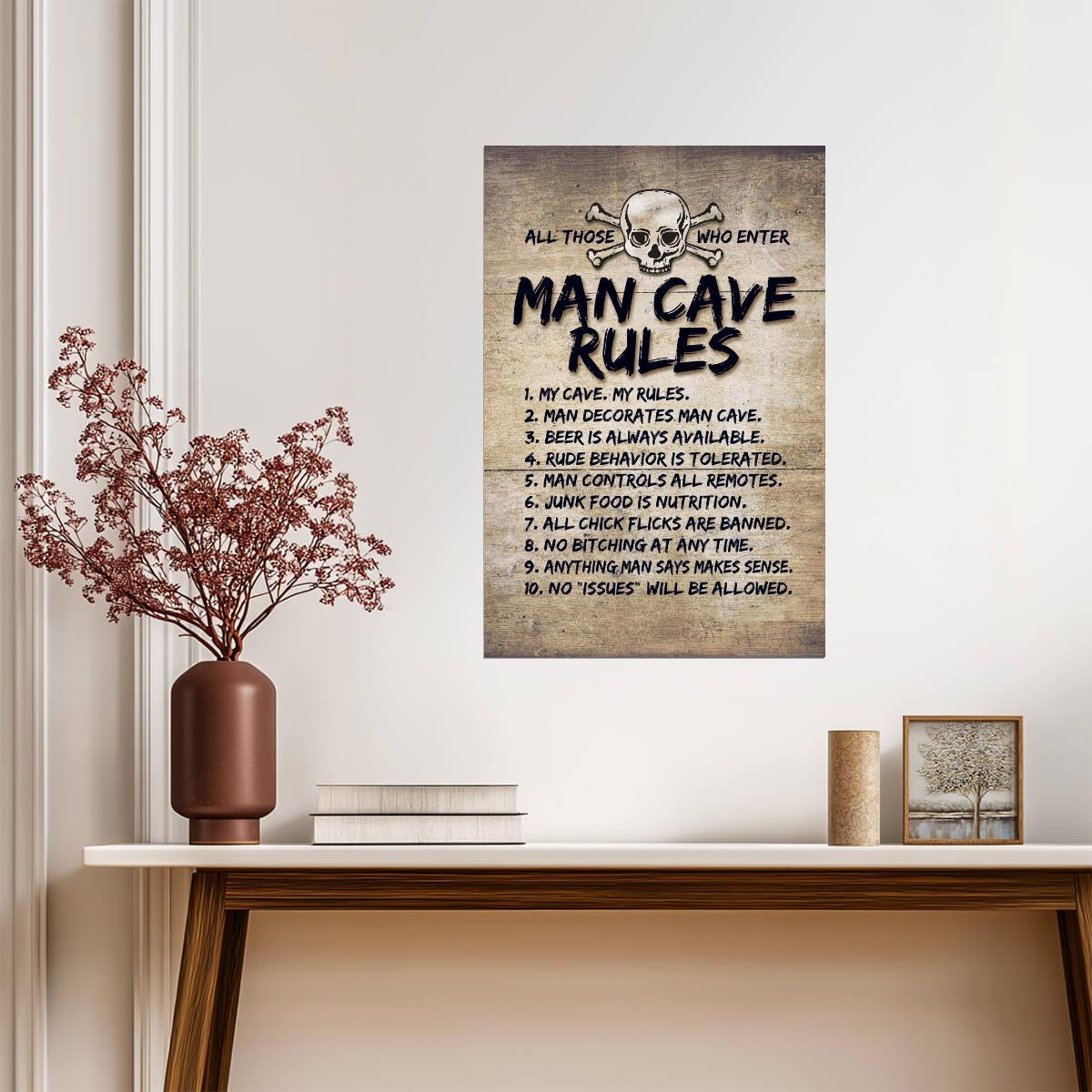 Man Cave Rules Sign | Funny Skull & Crossbones Poster | Rustic Wood Style Wall Art - Type & Quotes Poster