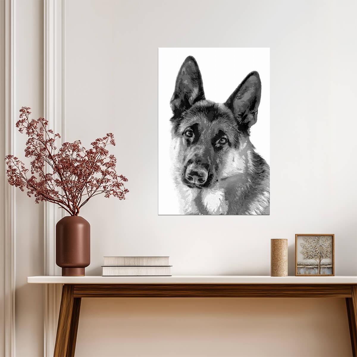 German Shepherd Geometric Art | Black and White Dog | Minimalist Pet Portrait Poster - Graphic & Art Poster