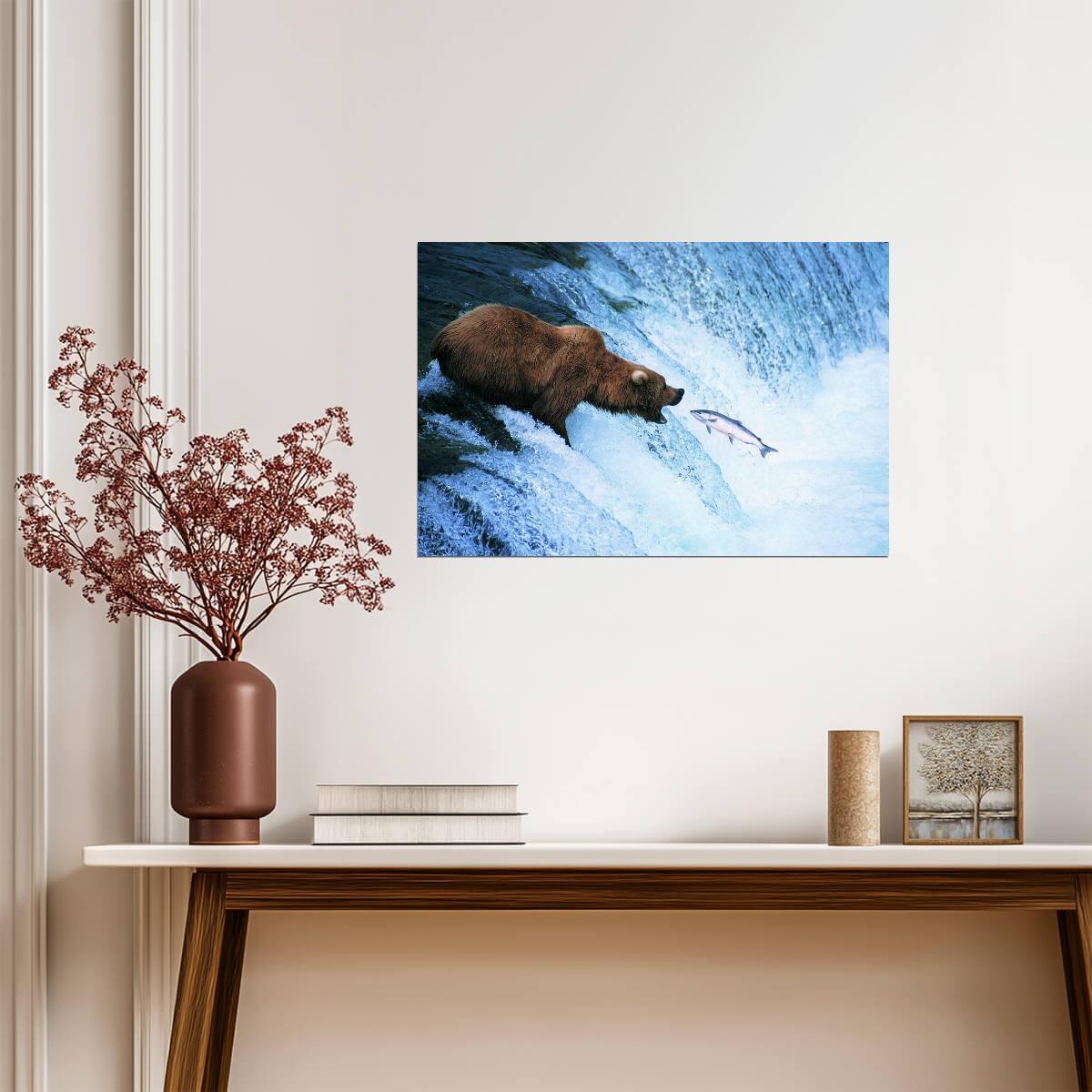 Grizzly Bear Catching a Jumping Salmon | Alaska Wildlife Photography | Nature Poster - Photography Poster