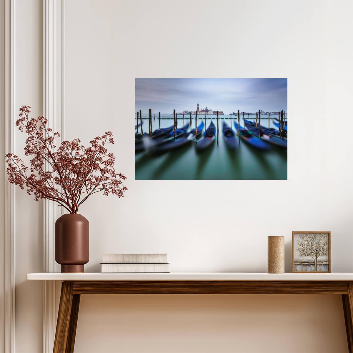 Gondolas in a Row at Dawn in Venice | Italy Skyline Photography | European Travel Poster - Photography Poster