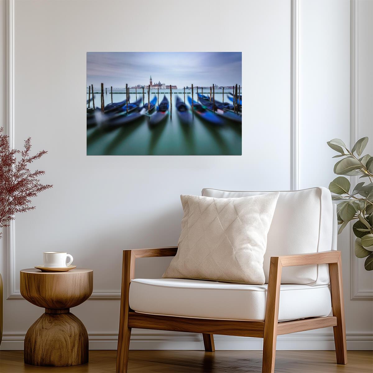 Gondolas in a Row at Dawn in Venice | Italy Skyline Photography | European Travel Poster - Photography Poster