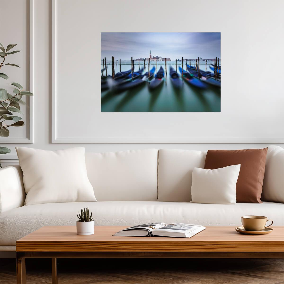 Gondolas in a Row at Dawn in Venice | Italy Skyline Photography | European Travel Poster - Photography Poster