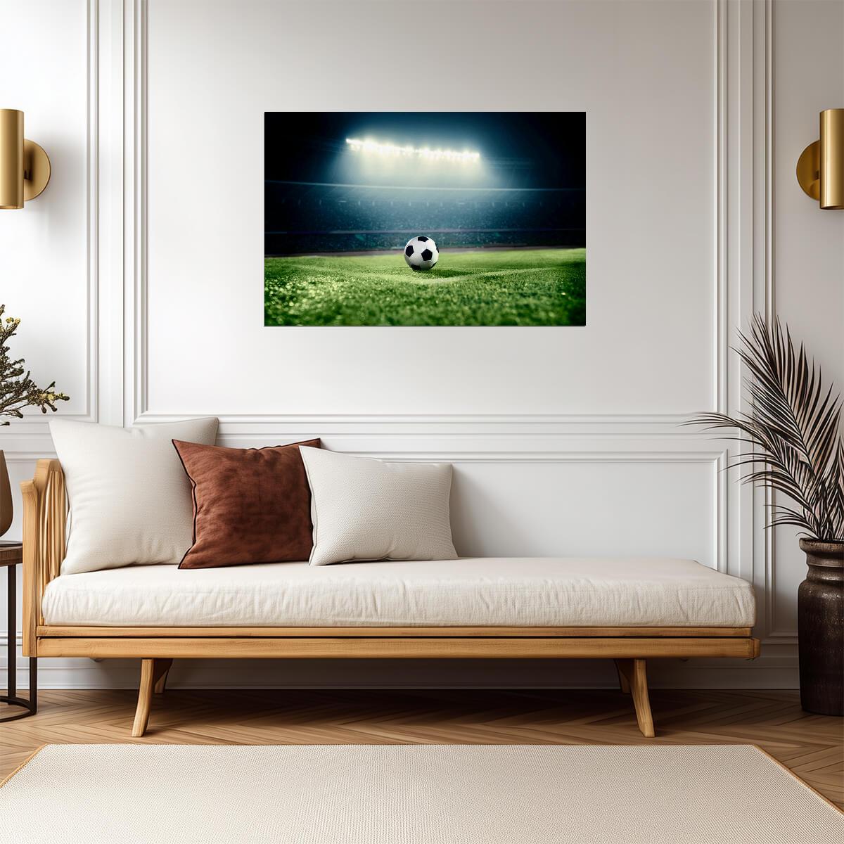 Soccer Ball on Stadium Field at Night | Sports Photography Print | Game Day Poster