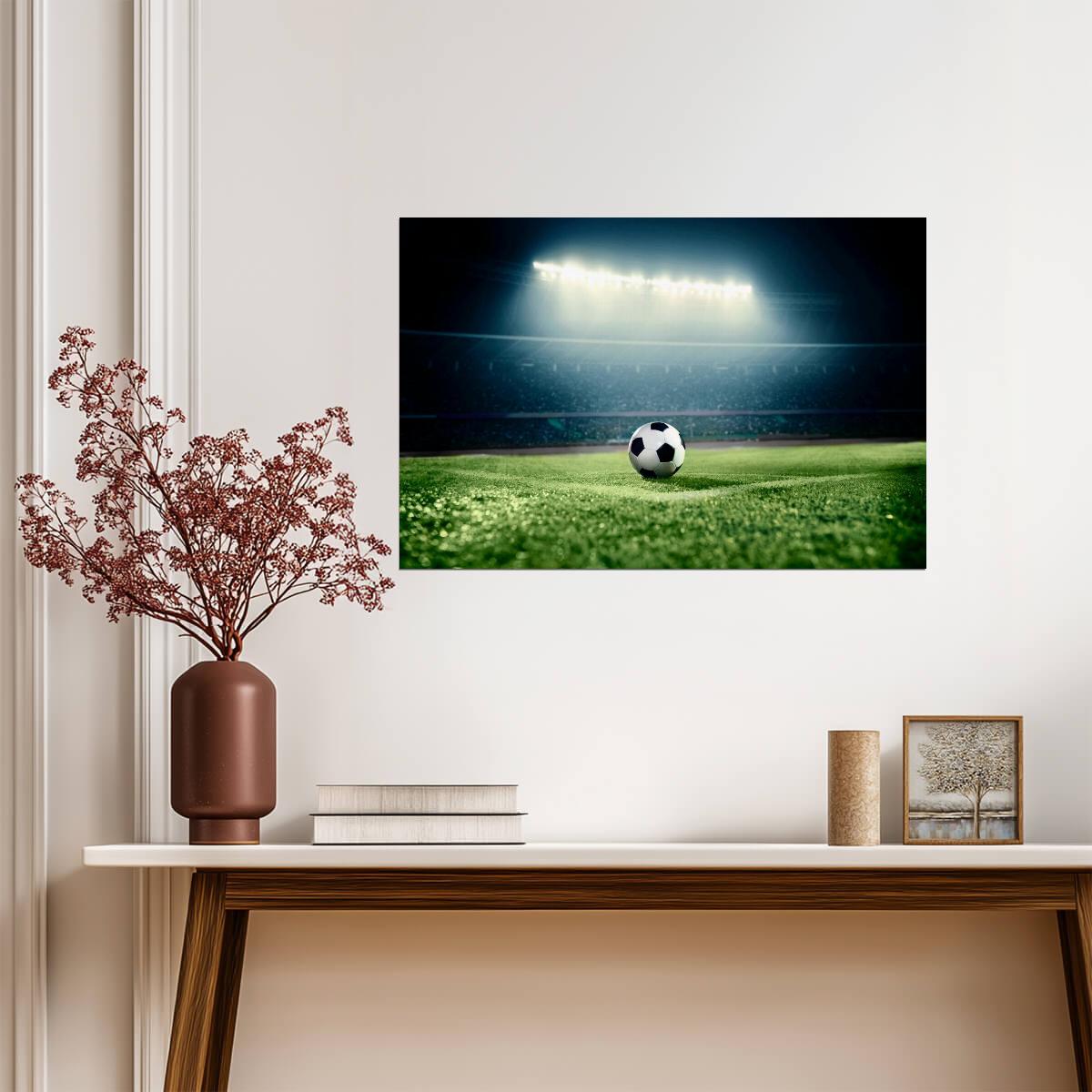 Soccer Ball on Stadium Field at Night | Sports Photography Print | Game Day Poster