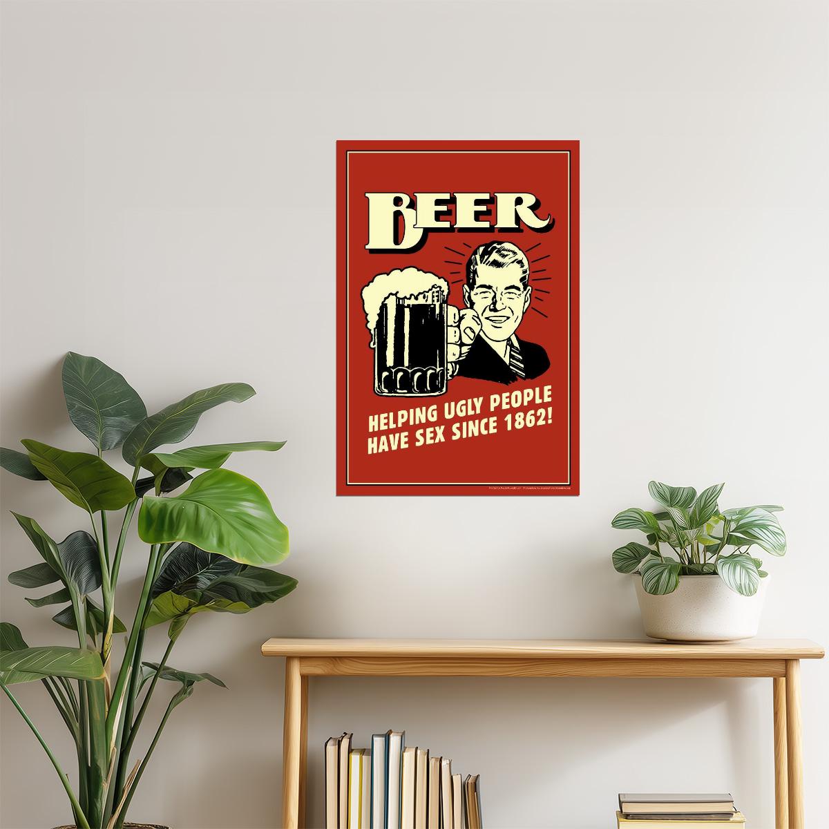 Funny Beer Helping Ugly People Poster | Retro Bar Humor | Man Cave Decor