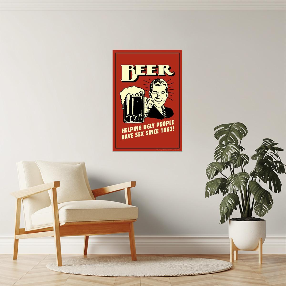 Funny Beer Helping Ugly People Poster | Retro Bar Humor | Man Cave Decor