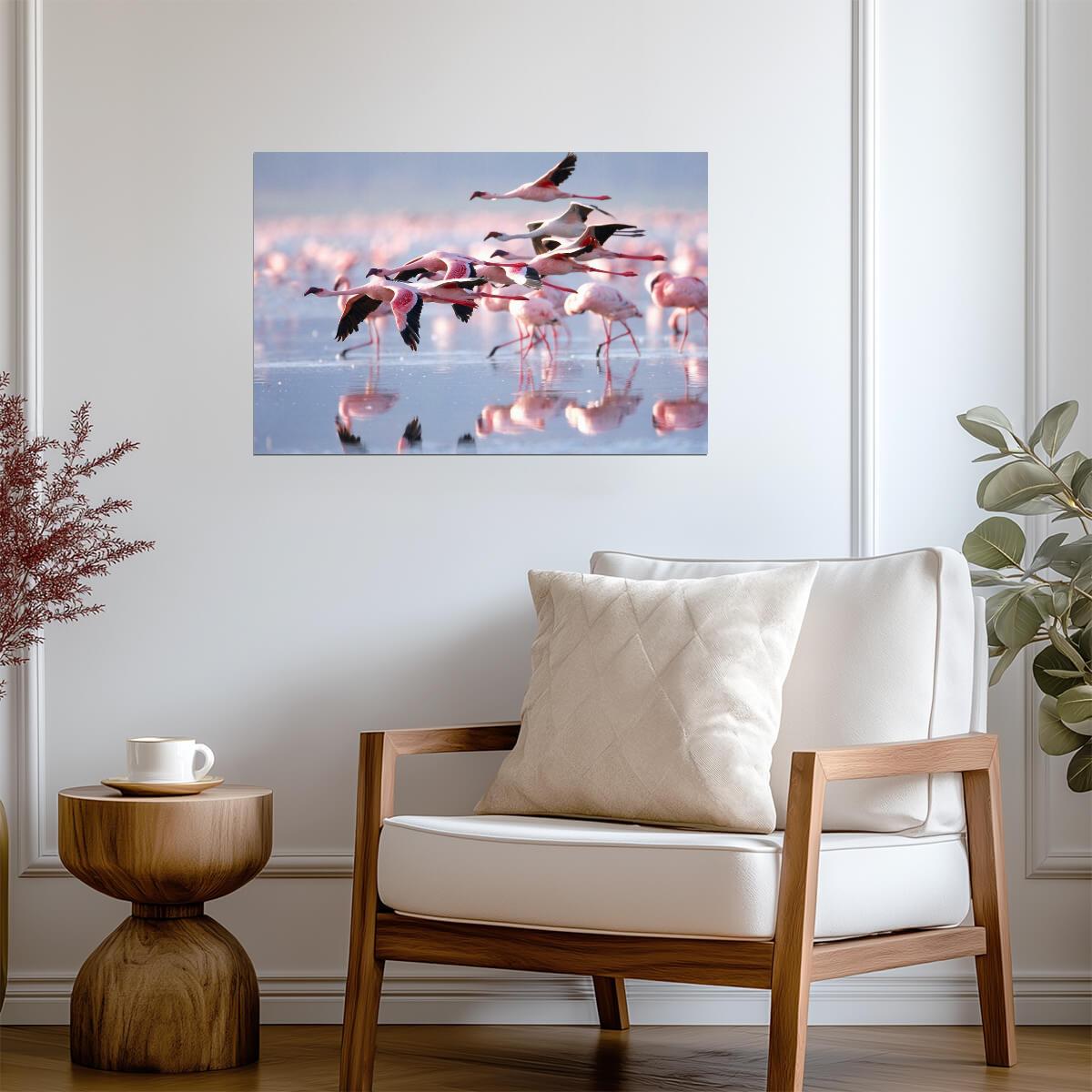 Pink Flamingos Wading in Water | Tropical Bird Photography | Wildlife Wall Art Poster - Photography Poster