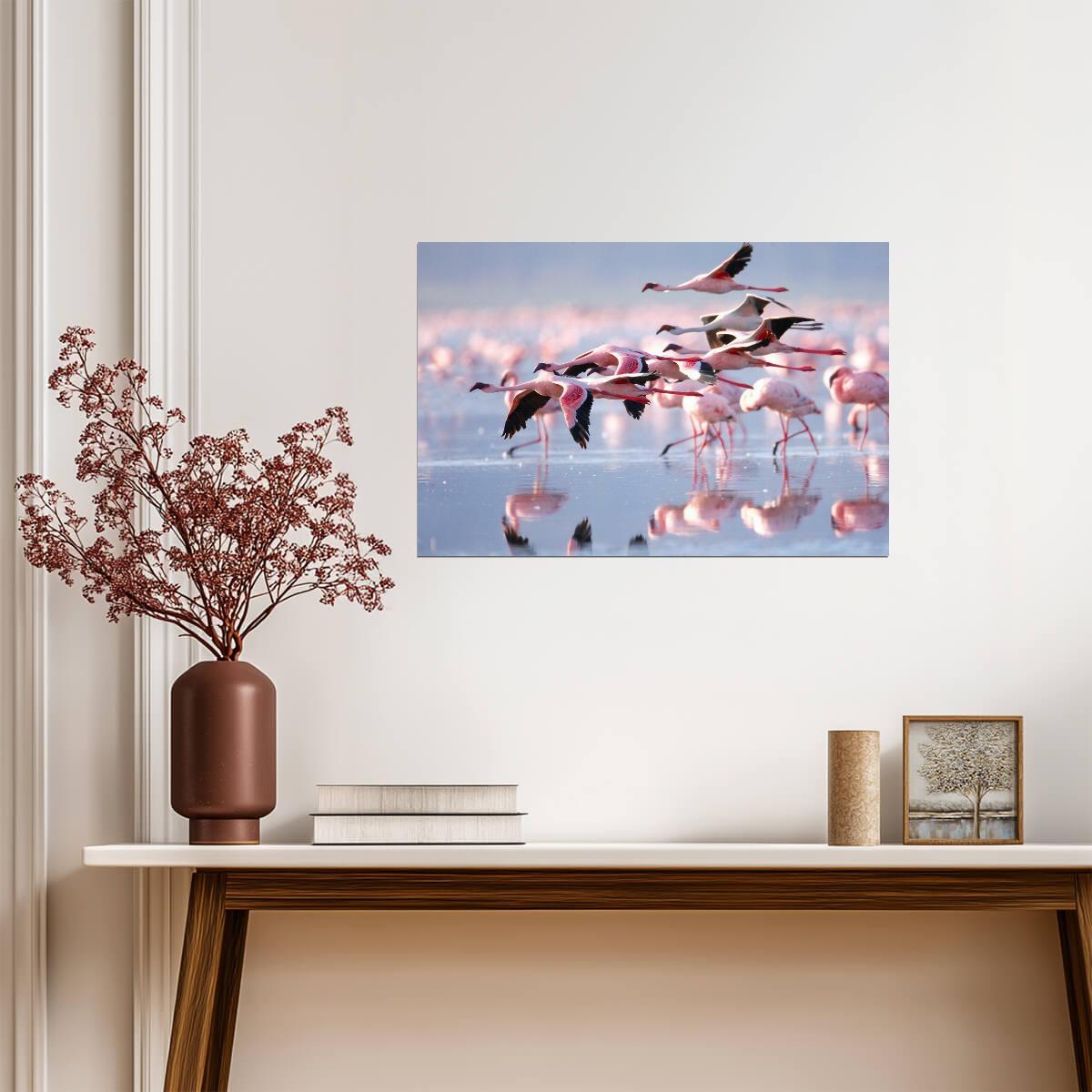 Pink Flamingos Wading in Water | Tropical Bird Photography | Wildlife Wall Art Poster - Photography Poster