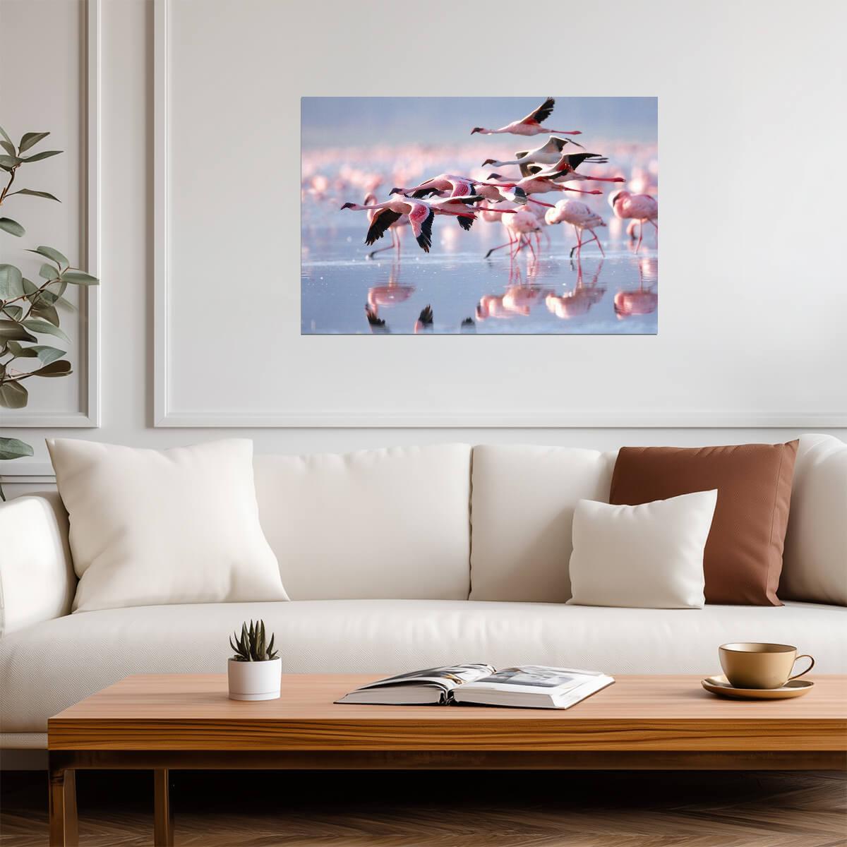 Pink Flamingos Wading in Water | Tropical Bird Photography | Wildlife Wall Art Poster - Photography Poster