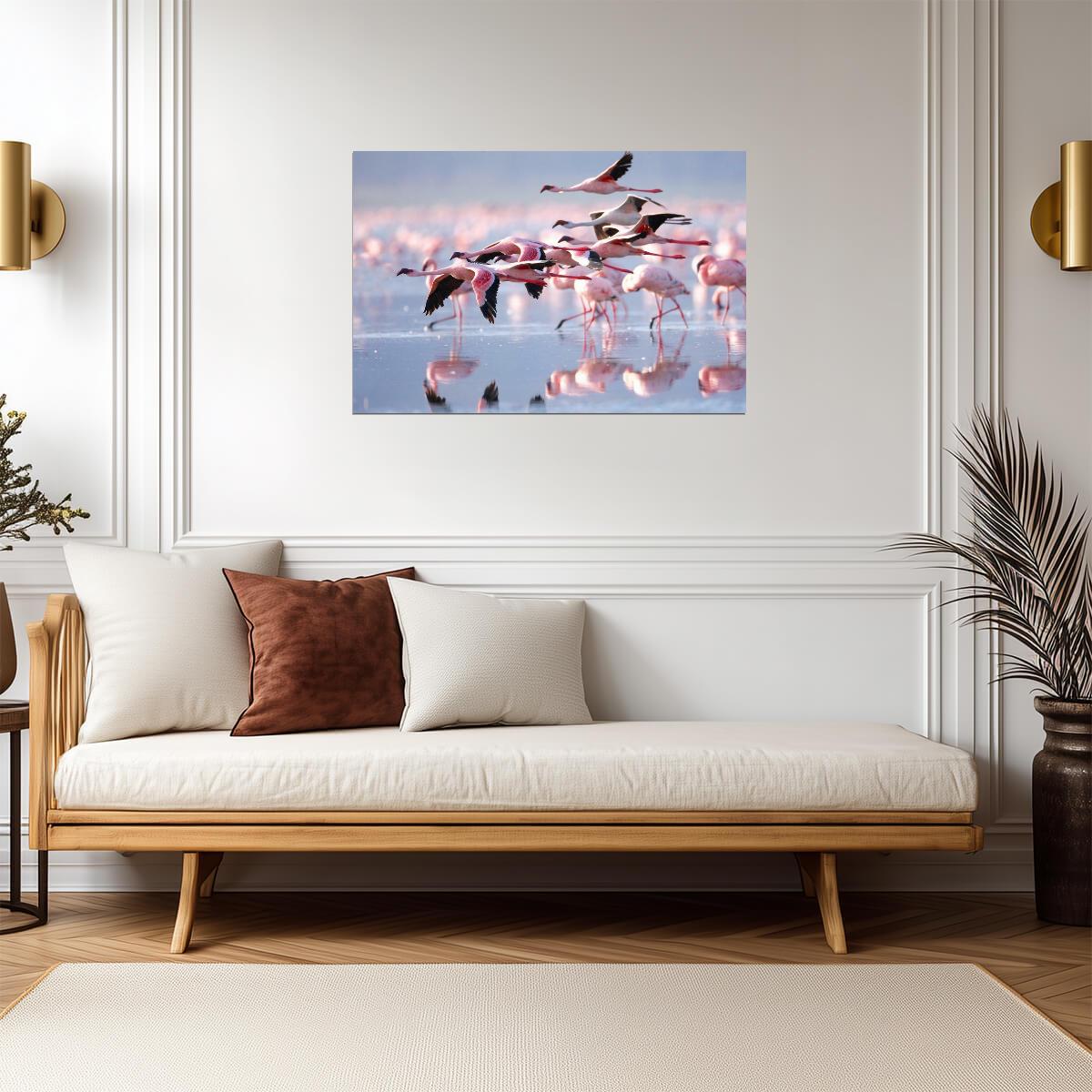 Pink Flamingos Wading in Water | Tropical Bird Photography | Wildlife Wall Art Poster - Photography Poster
