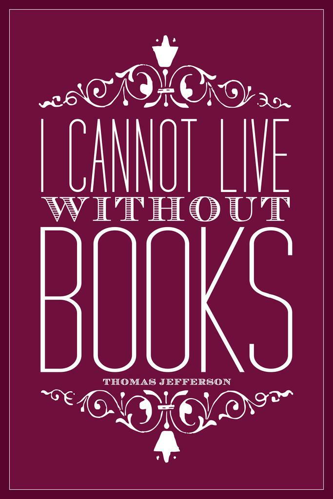 I Cannot Live Without Books | Thomas Jefferson Quote | Purple Typography Poster - Type & Quotes Poster