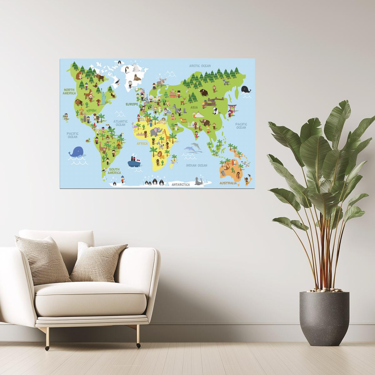 World Map | Cartoon Educational Map with Animals and Monuments Poster