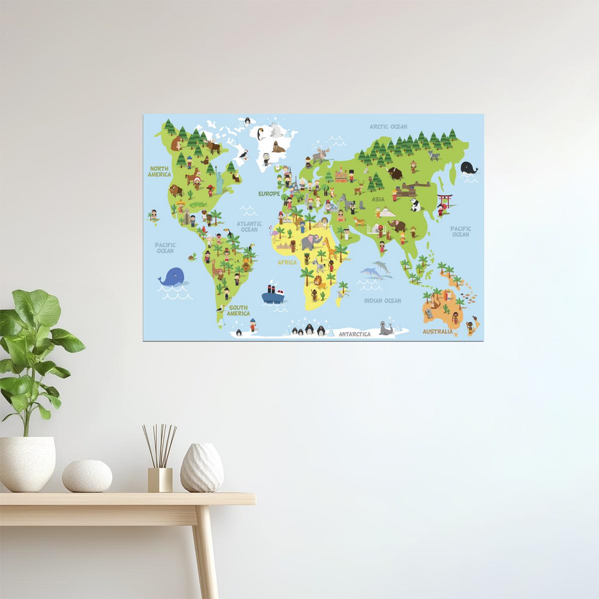 World Map | Cartoon Educational Map with Animals and Monuments Poster