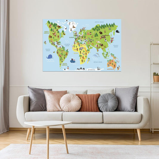 World Map | Cartoon Educational Map with Animals and Monuments Poster