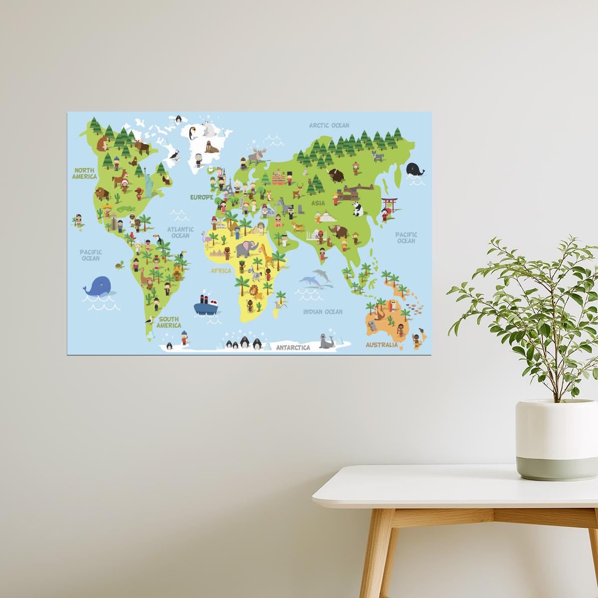 World Map | Cartoon Educational Map with Animals and Monuments Poster
