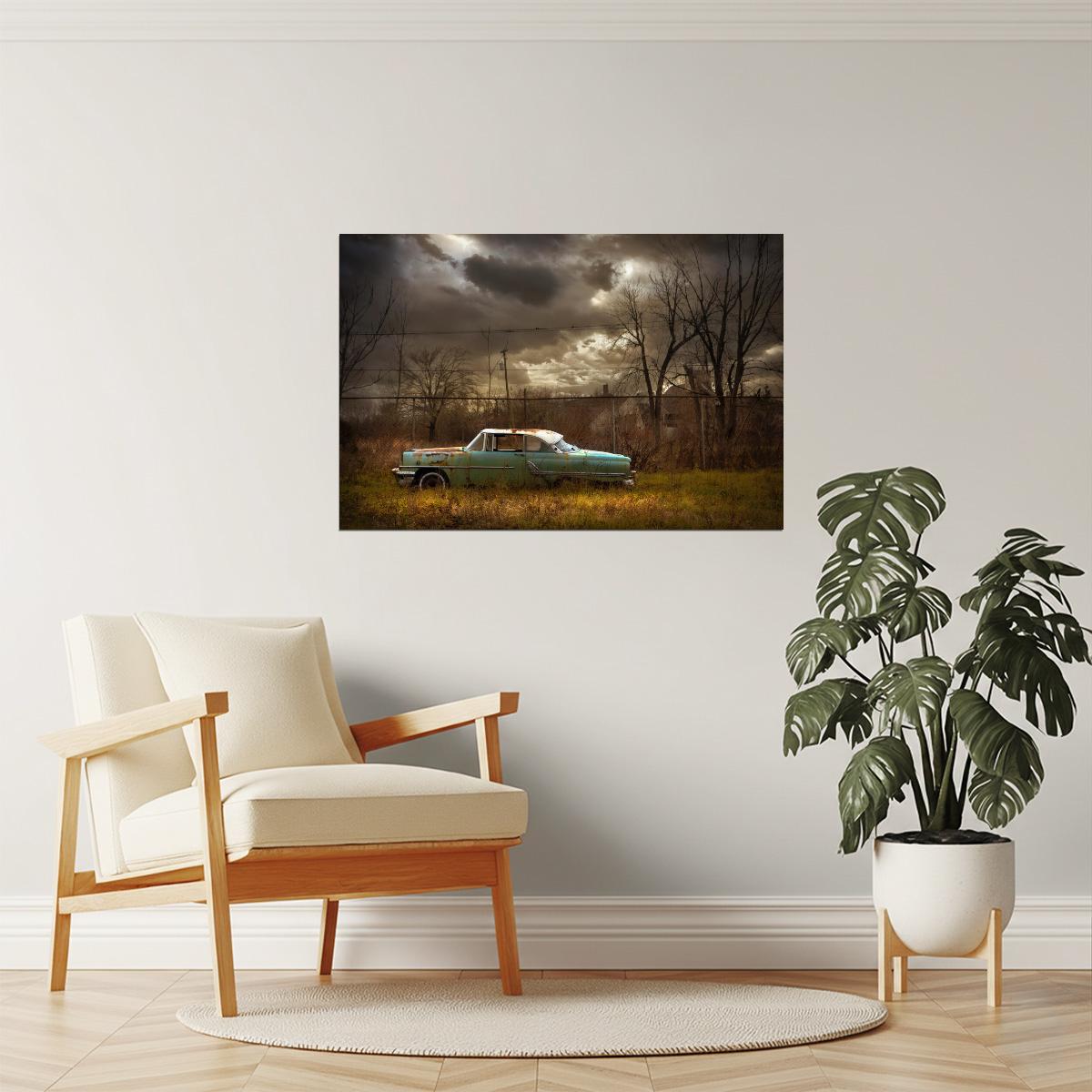 Rusted Car in Urban Field Poster | Moody Photography | Abandoned Vehicle Art