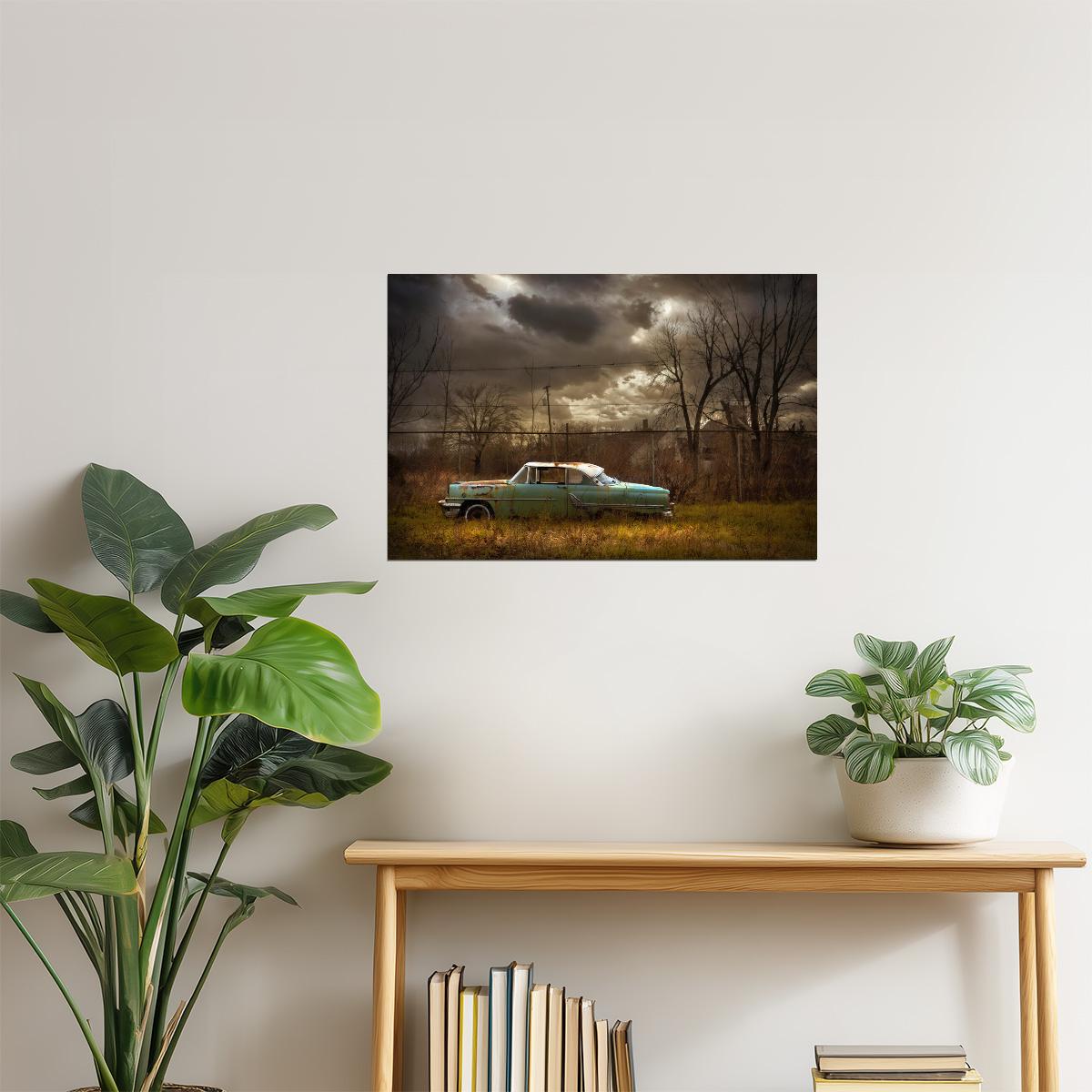 Rusted Car in Urban Field Poster | Moody Photography | Abandoned Vehicle Art