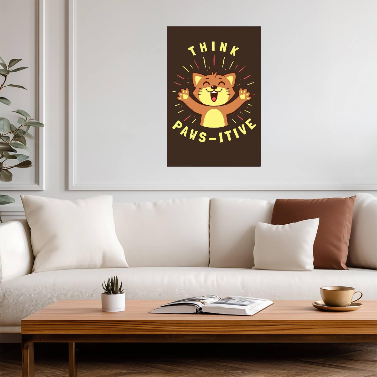 "Think Paws-itive" Cat Pun | Funny Motivational Poster | Cute Animal Quote Art - For Kids Poster