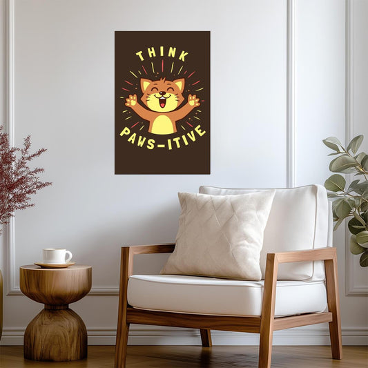 "Think Paws-itive" Cat Pun | Funny Motivational Poster | Cute Animal Quote Art - For Kids Poster