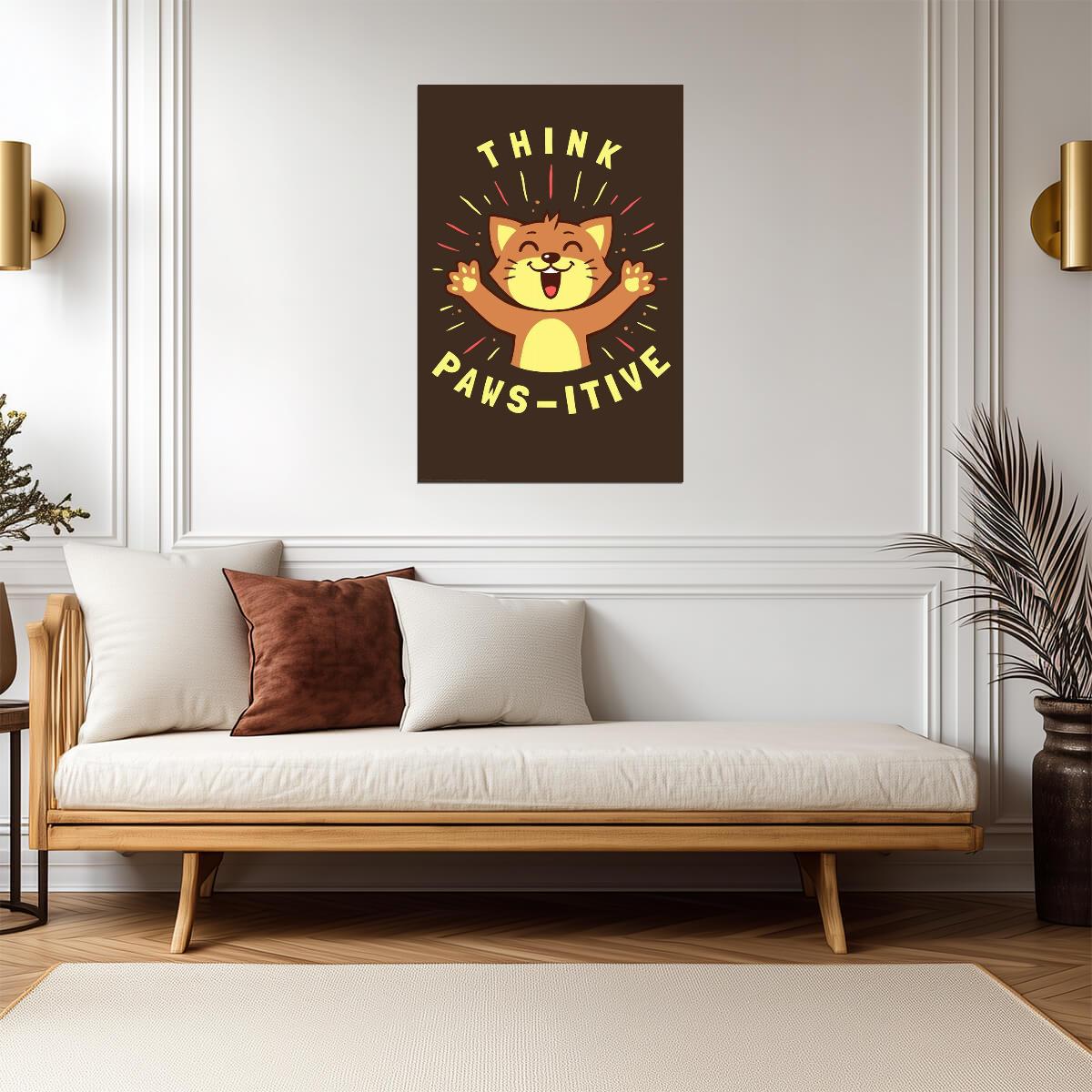 "Think Paws-itive" Cat Pun | Funny Motivational Poster | Cute Animal Quote Art - For Kids Poster