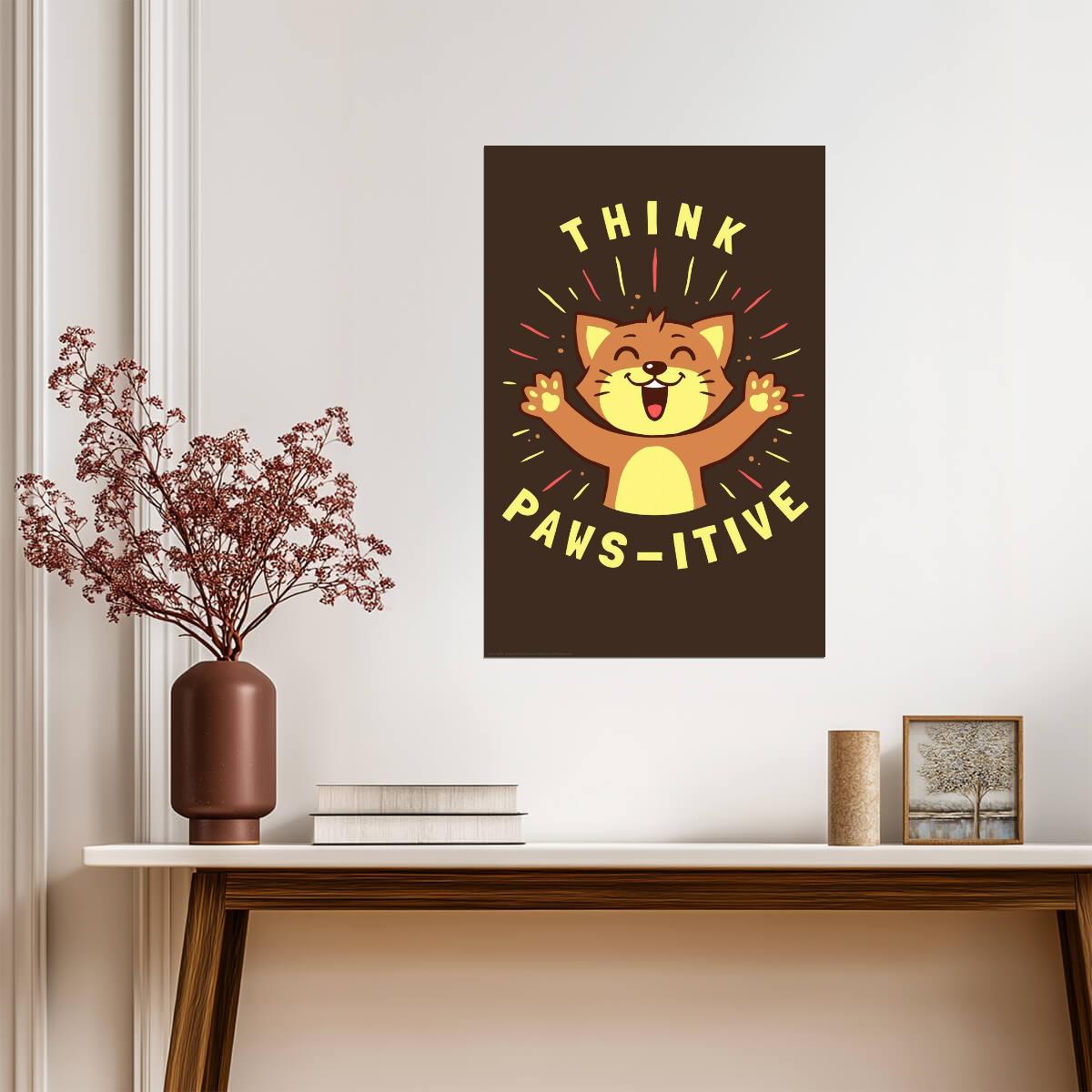"Think Paws-itive" Cat Pun | Funny Motivational Poster | Cute Animal Quote Art - For Kids Poster
