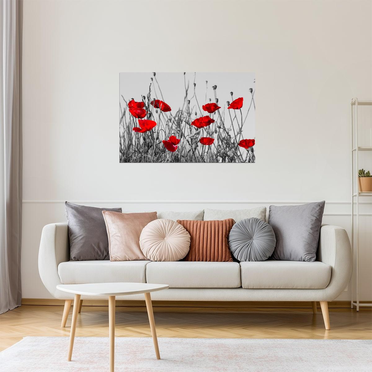 Red Poppies Meadow Poster | Black and White Photography | Floral Wall Art with Color Pop