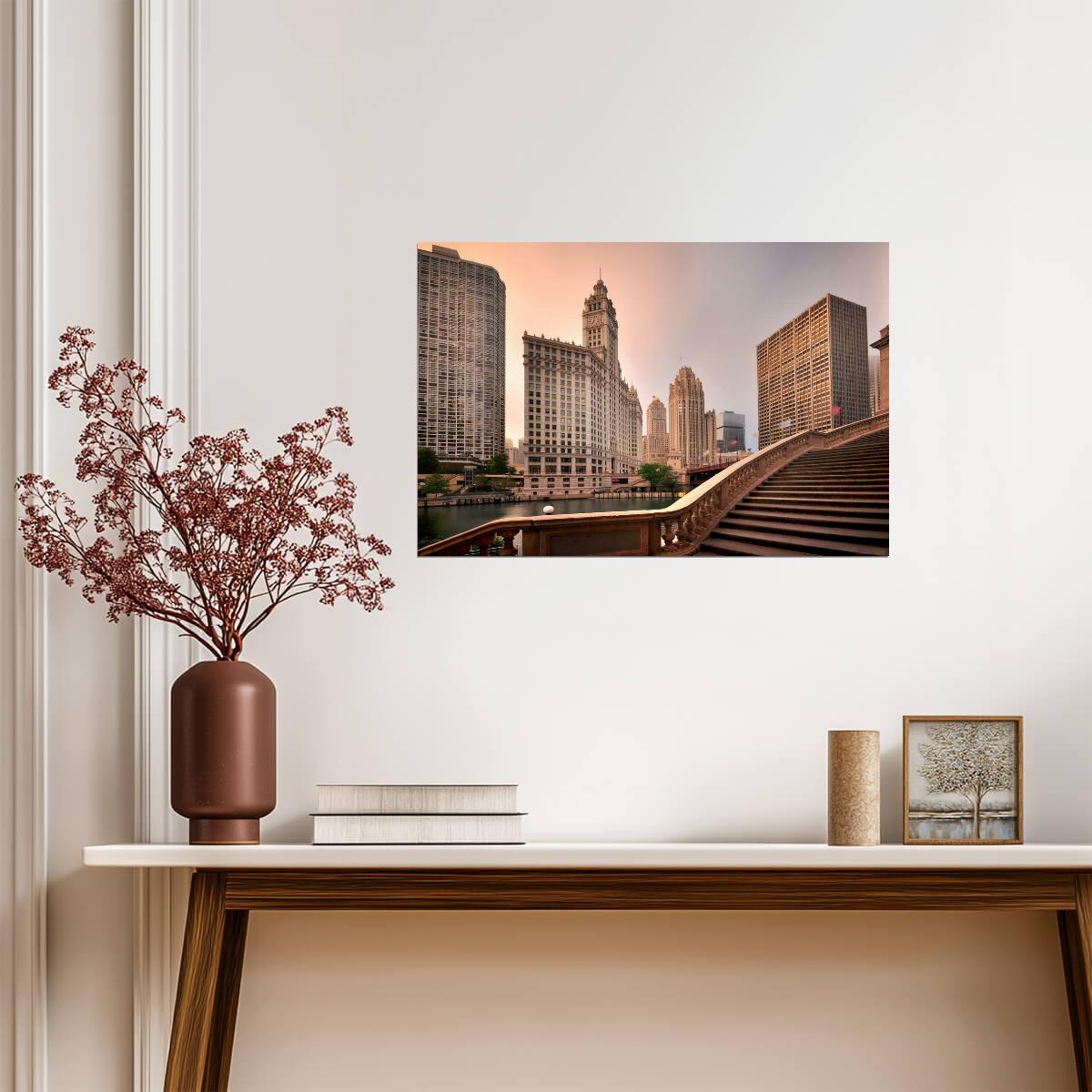 Sunrise Over the Wrigley Building in Chicago | Magnificent Mile Photography | Cityscape Poster - Photography Poster
