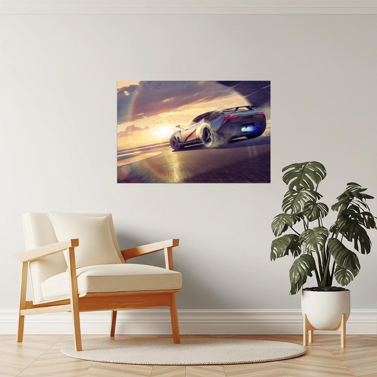 Sports Car Drifting at Sunset Poster | Motorsports Photography | Racetrack Wall Art