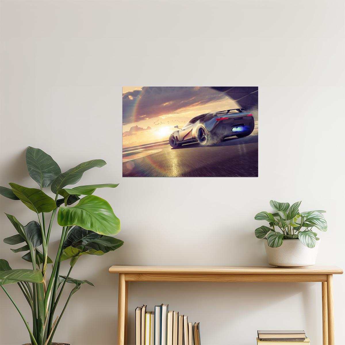 Sports Car Drifting at Sunset Poster | Motorsports Photography | Racetrack Wall Art