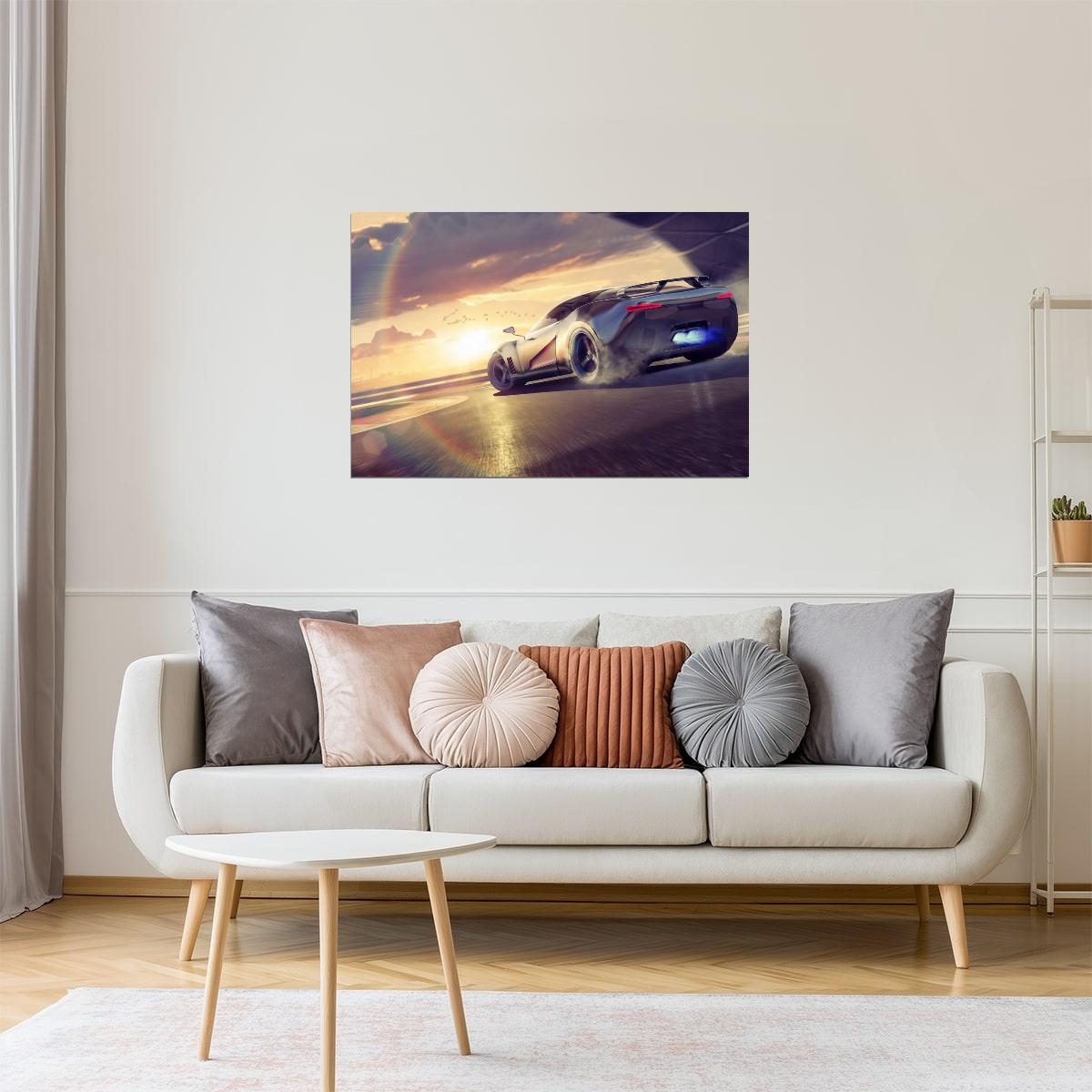 Sports Car Drifting at Sunset Poster | Motorsports Photography | Racetrack Wall Art