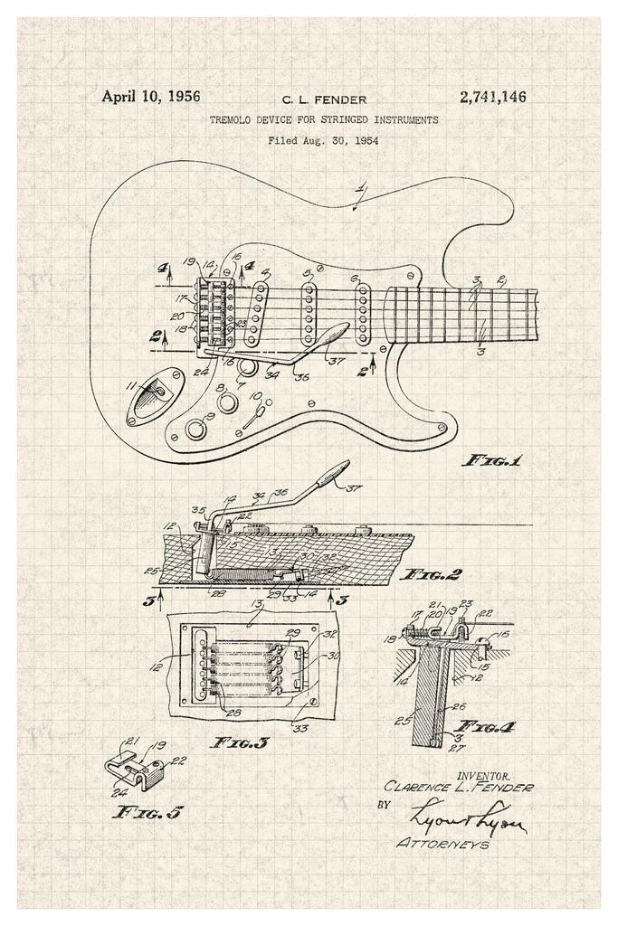 Fender Stratocaster Electric Guitar Patent | 1956 Music Diagram | Musician Wall Art Poster - Vintage & Retro Poster