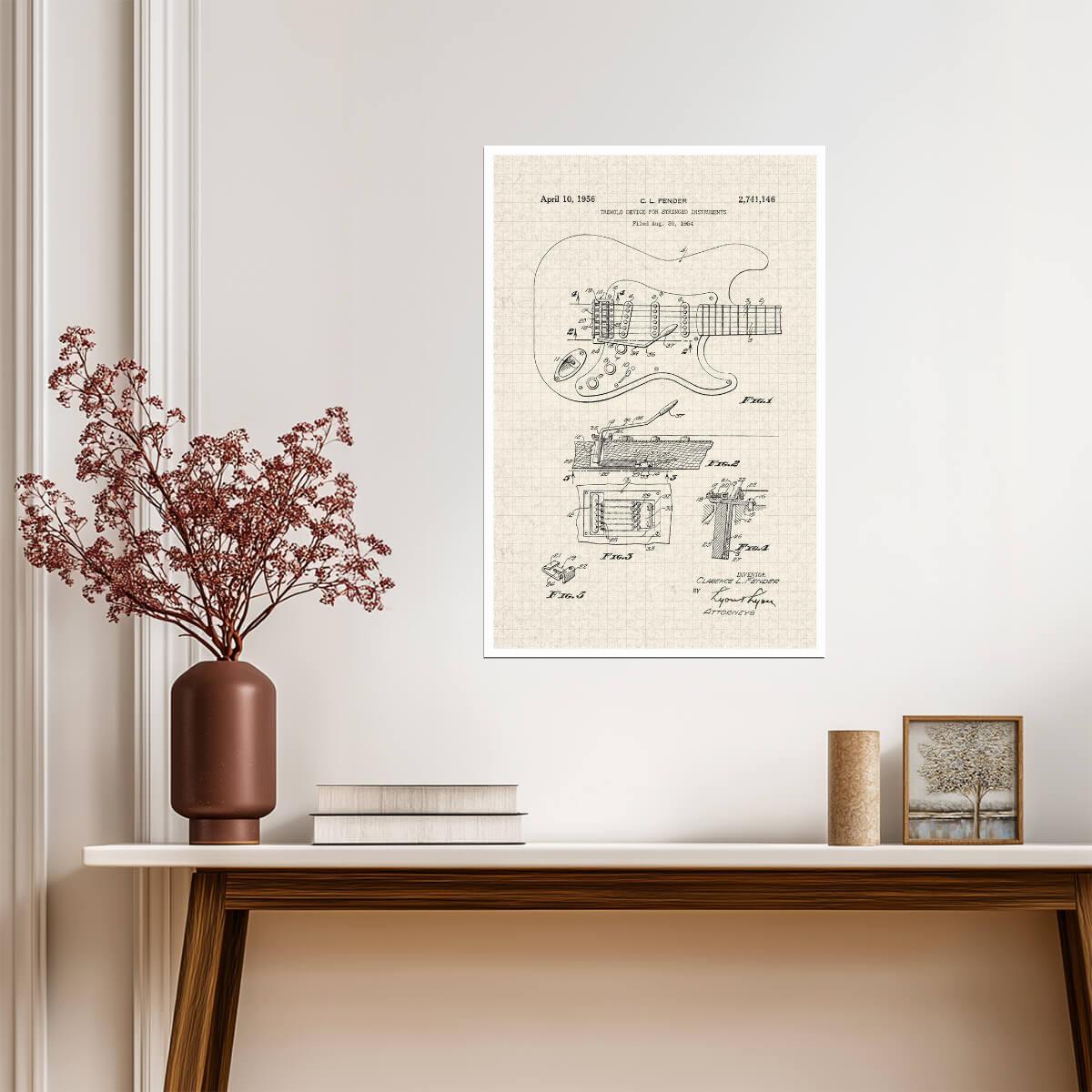 Fender Stratocaster Electric Guitar Patent | 1956 Music Diagram | Musician Wall Art Poster - Vintage & Retro Poster