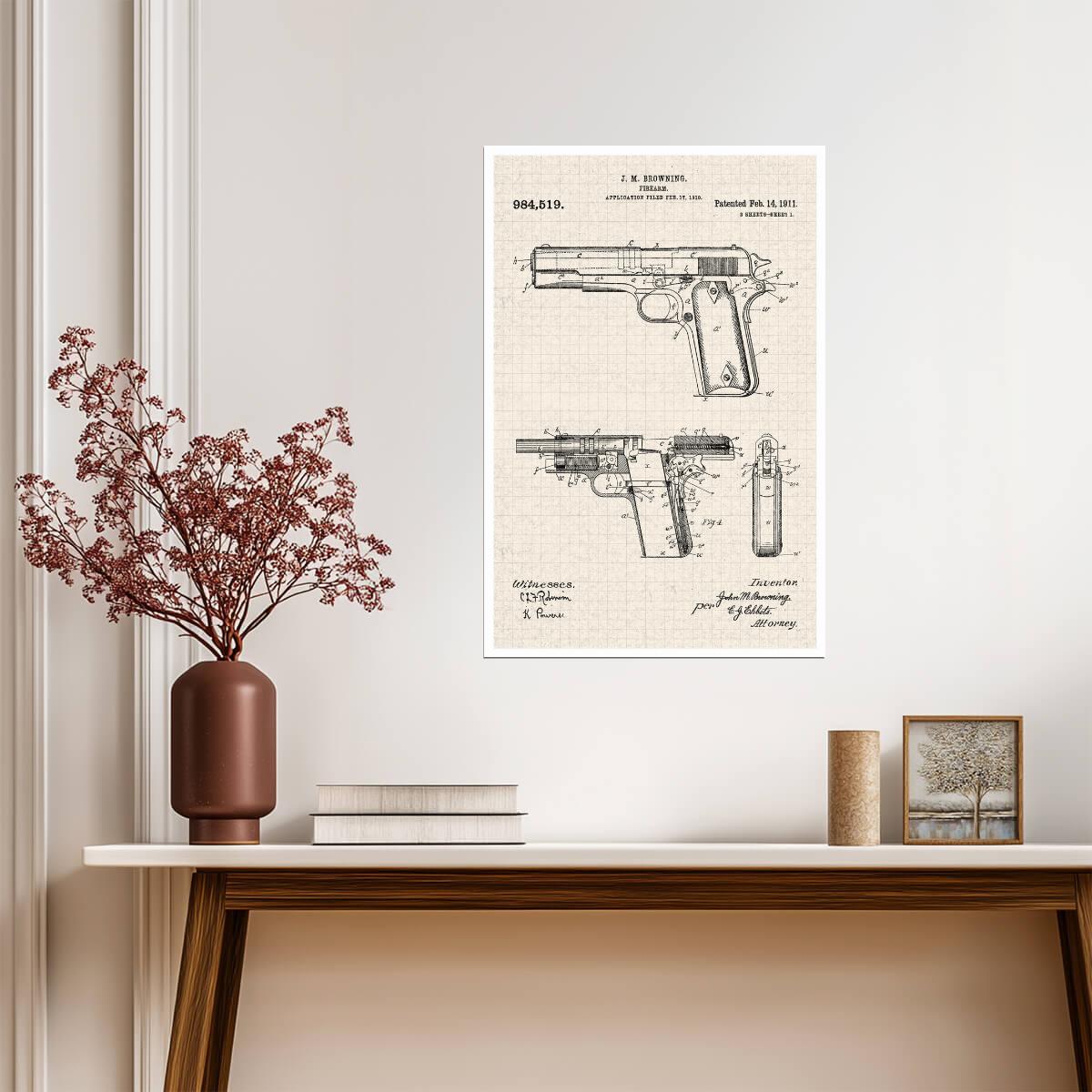Browning M1911 Handgun Patent | Vintage Firearm Diagram | Military History Poster - Vintage & Retro Poster