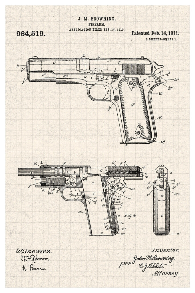 Browning M1911 Handgun Patent | Vintage Firearm Diagram | Military History Poster - Vintage & Retro Poster