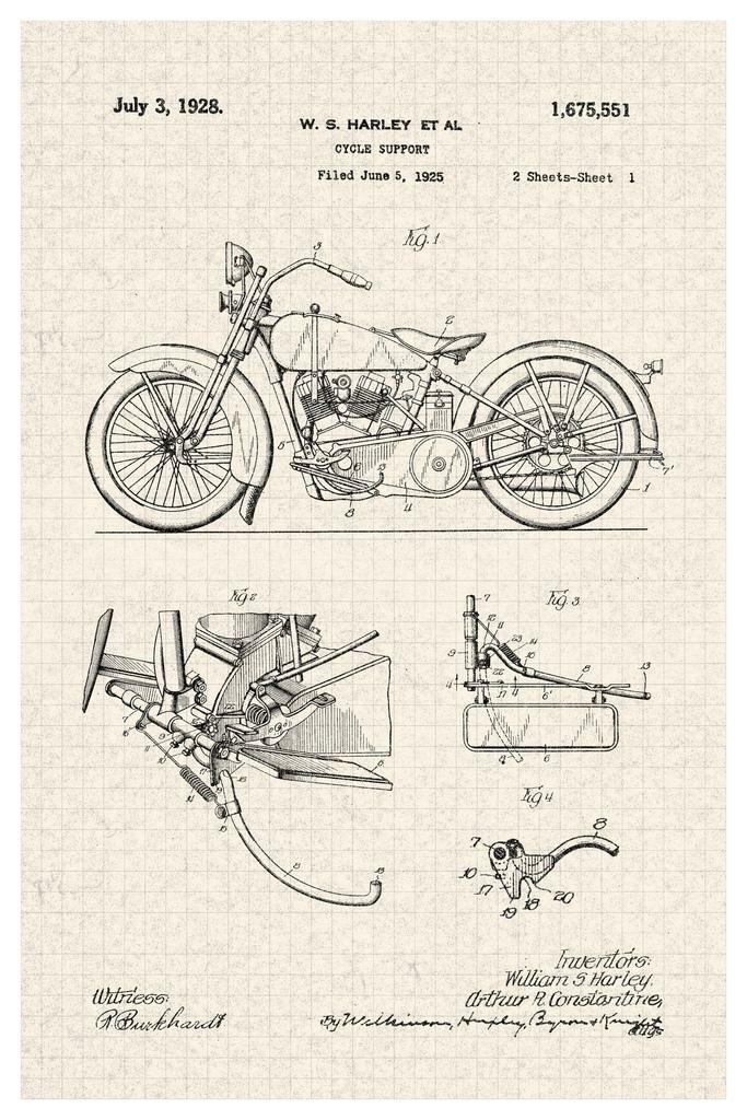 Vintage Motorcycle Patent Diagram | 1928 Harley Davidson Design | Biker Garage Art Poster - Vintage & Retro Poster