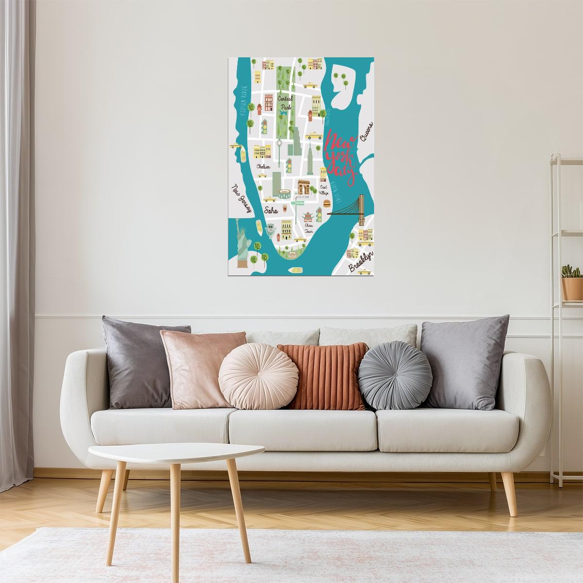 New York City Map | Illustrated Landmarks Map Poster
