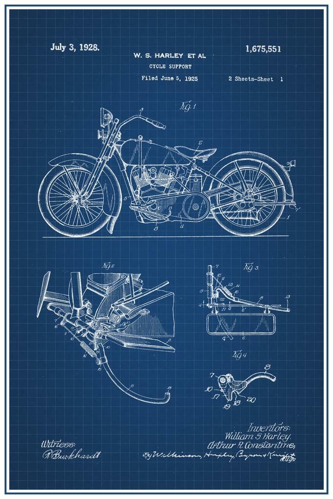 Vintage Motorcycle Patent Blueprint | 1928 Harley Davidson Art | Biker Garage Poster - Vintage & Retro Poster
