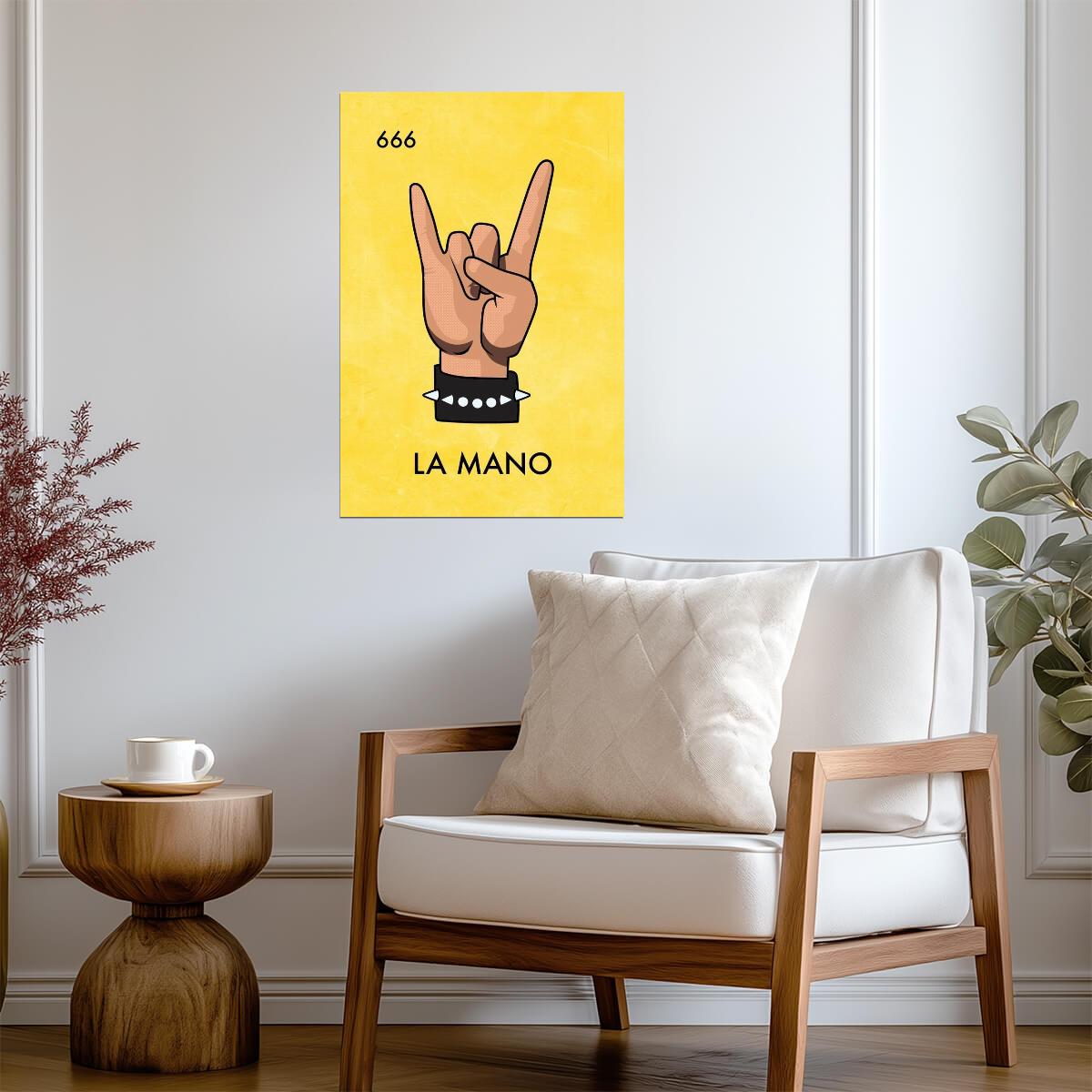 La Mano Loteria Card Heavy Metal Parody | Funny Rock and Roll Poster | Mexican Bingo Devil Horns Art - Music Poster