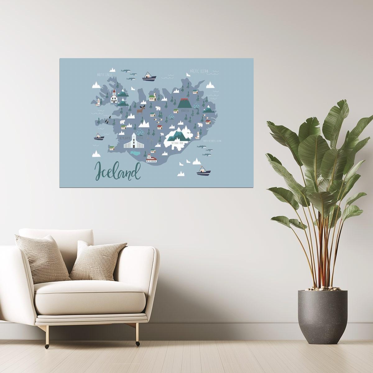 Iceland Map | Illustrated Minimalist Map with Landmarks Poster