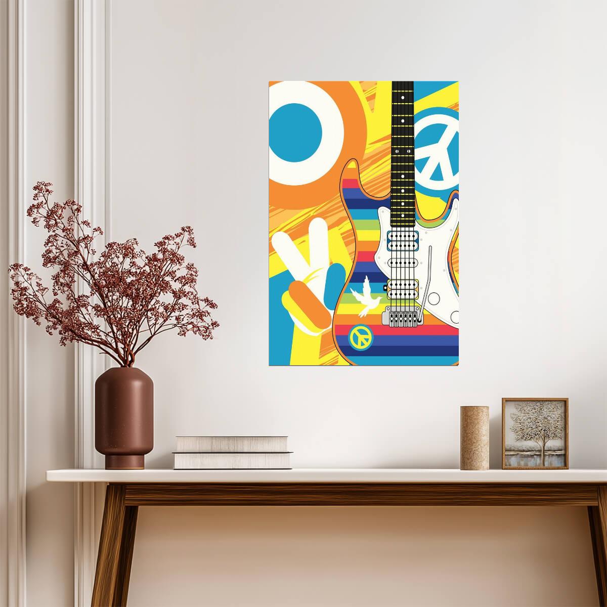 Rainbow Striped Hippie Guitar | Psychedelic Music Poster | 60s & 70s Retro Art - Graphic & Art Poster