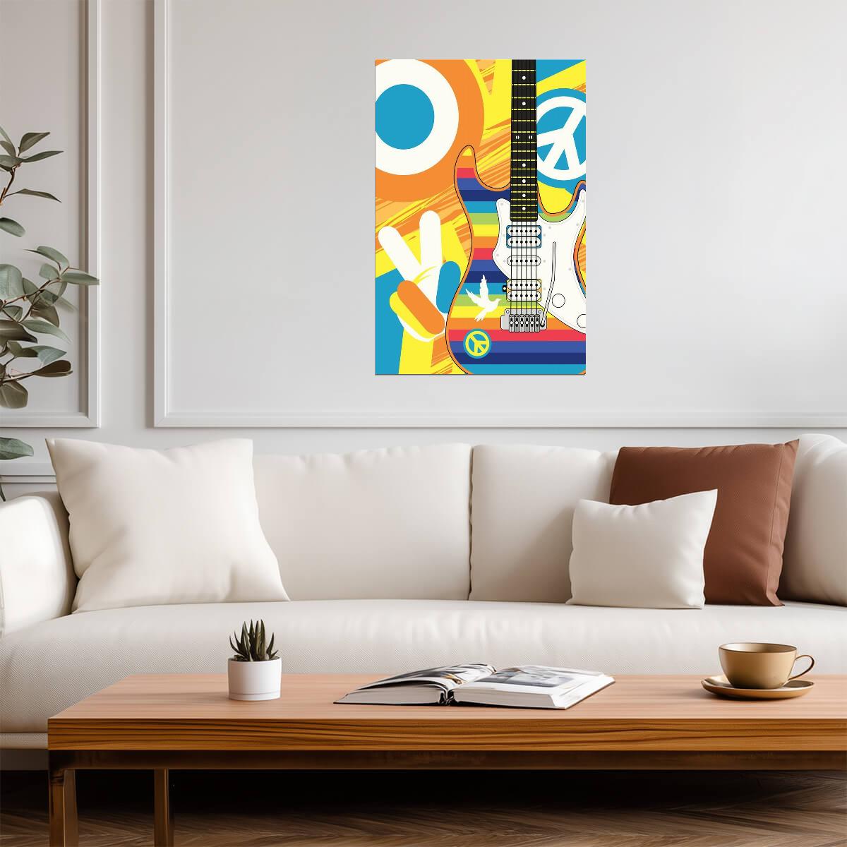 Rainbow Striped Hippie Guitar | Psychedelic Music Poster | 60s & 70s Retro Art - Graphic & Art Poster
