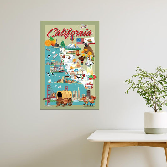 California Map | Retro Illustrated Cartoon Map Poster